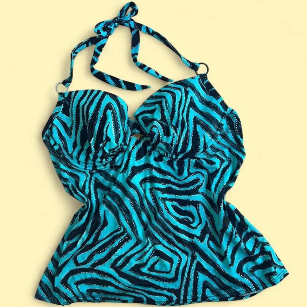 Vintage Inspired Blue & black zebra print halter bikini top with shimmer details